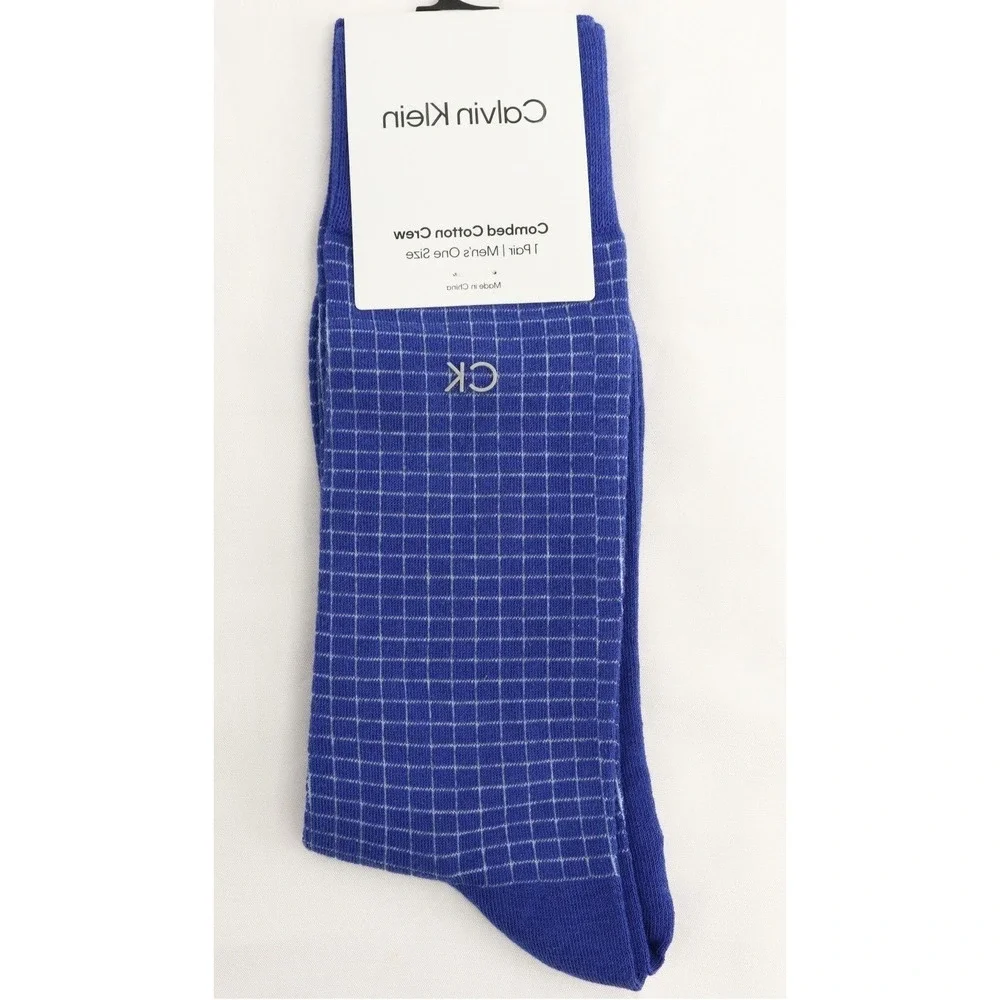 Calvin Klein Mens Crew Socks Blue/White Grid One Size Pattern Combed Cotton NWT